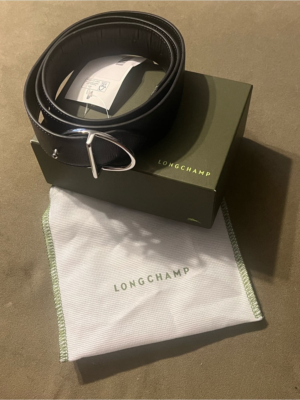 Longchamp Reversible (Marine/Noir) Leather Belt with Silver D-Ring Buckle